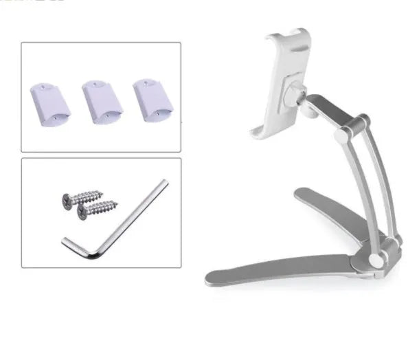 Silver aluminum desktop tablet stand with white ABS base, showing adjustable clip holding a tablet.