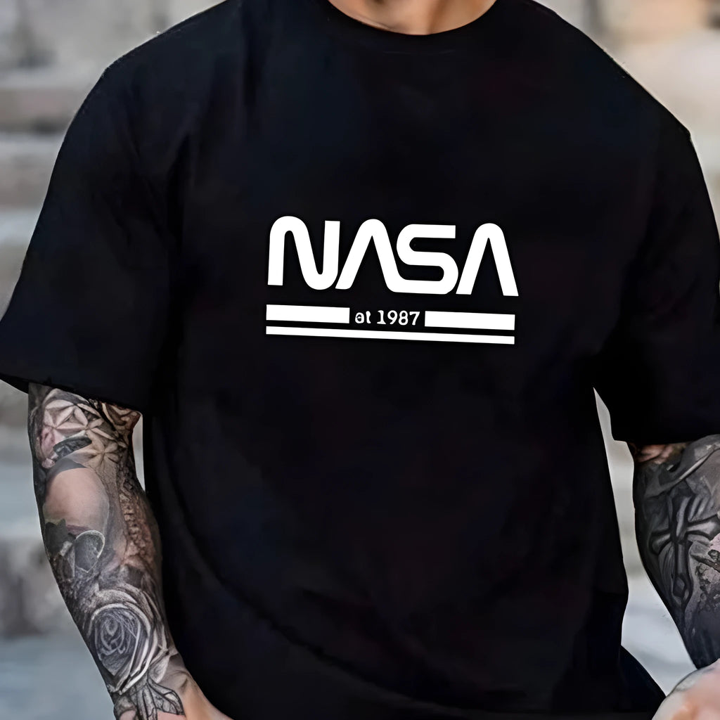 Men's slim-fit cotton short sleeve T-shirt with printed letters design in multiple solid colours.