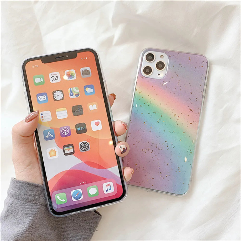 Rainbow gradient iPhone case with colourful stripe patterns on TPU protective cover