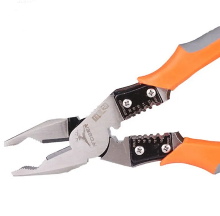 Orange 9-inch multi-function wire cutter pliers with chrome steel head and textured PVC handles.