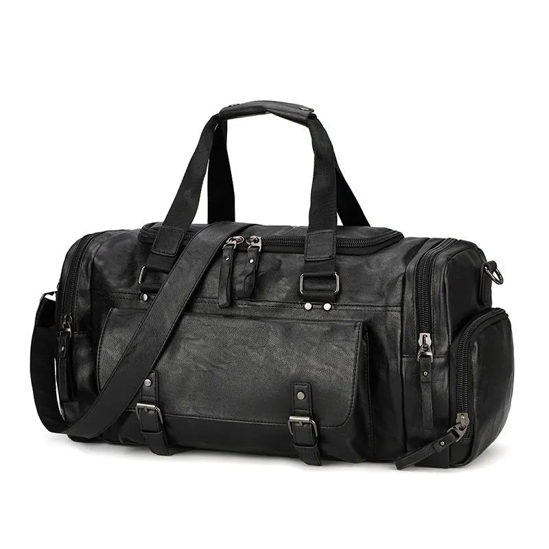 Black PU fabric travel bag with shoe storage compartments showing interior organisation
