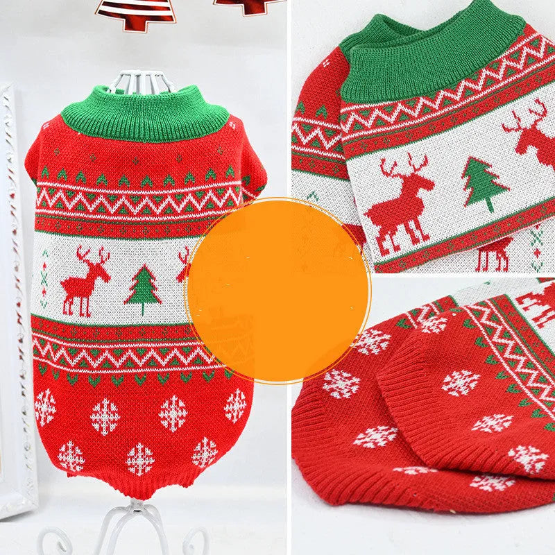 Red wool pet sweater with Snow Elk Christmas design on a white background