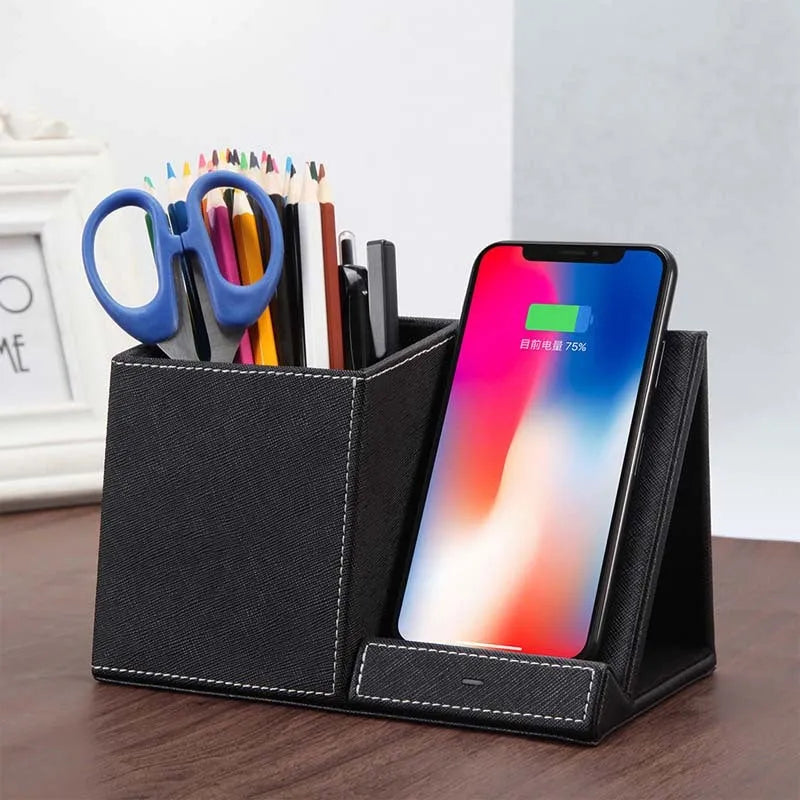 Leather desk organiser with pen holder and wireless phone charging surface