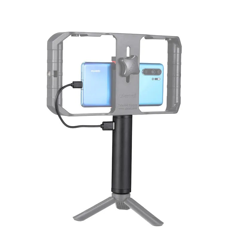 Black aluminium alloy portable power bank with a carrying handle, showing front and side views.