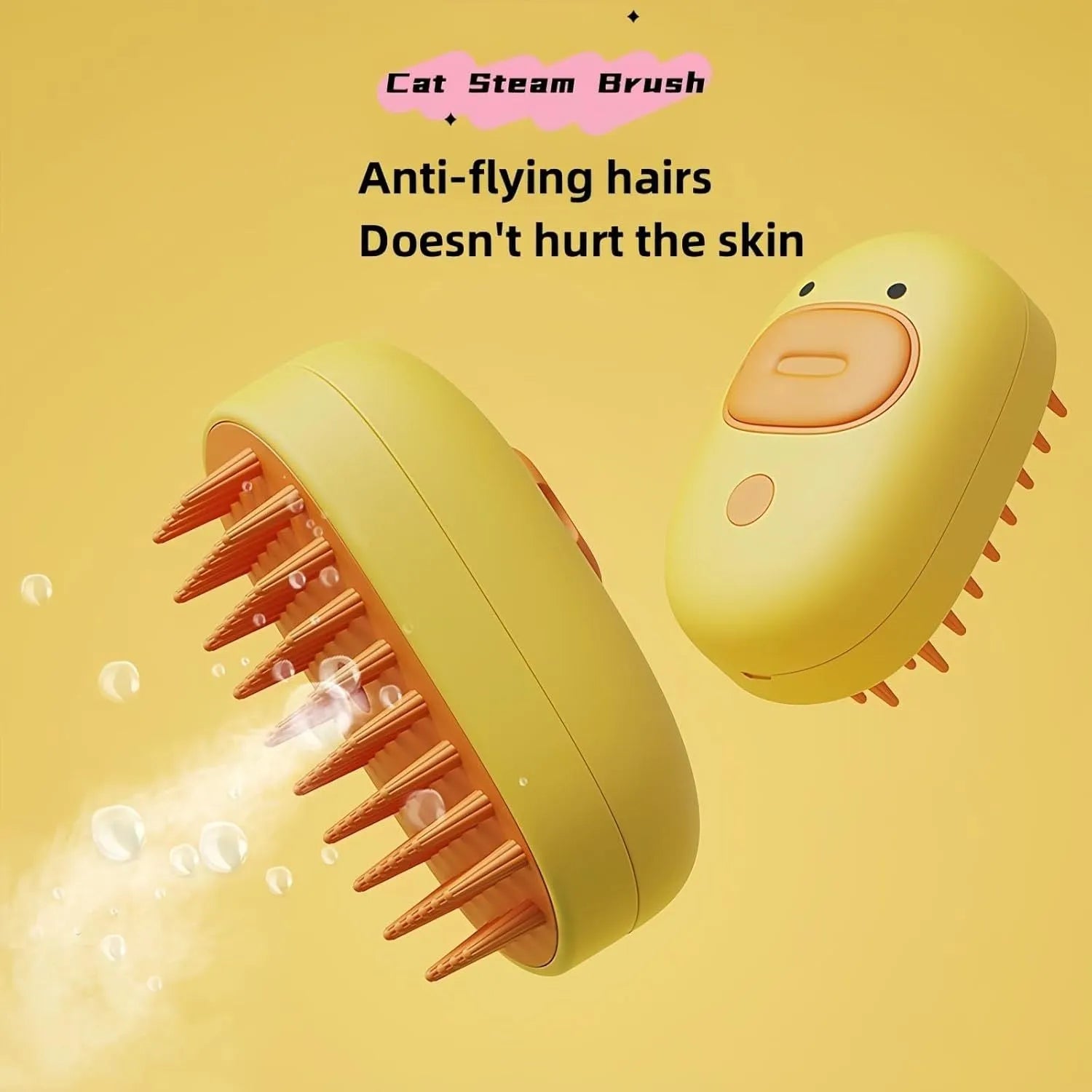 White rechargeable steam pet brush with soft rubber teeth and water tank for grooming dogs and cats.