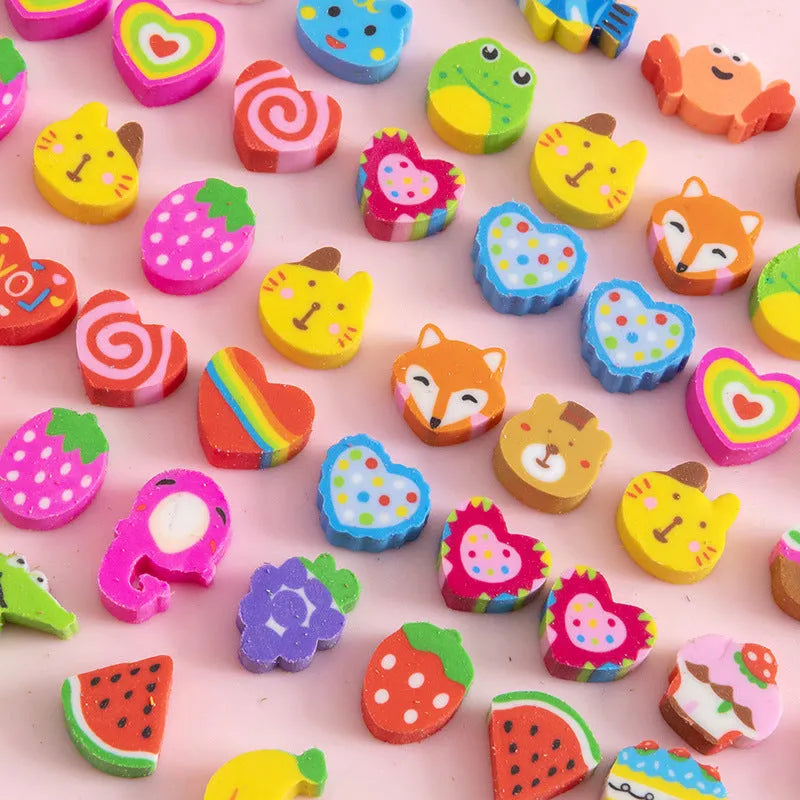 50 small colourful cartoon novelty erasers including fruit and animal shapes in a pearlescent film bag.