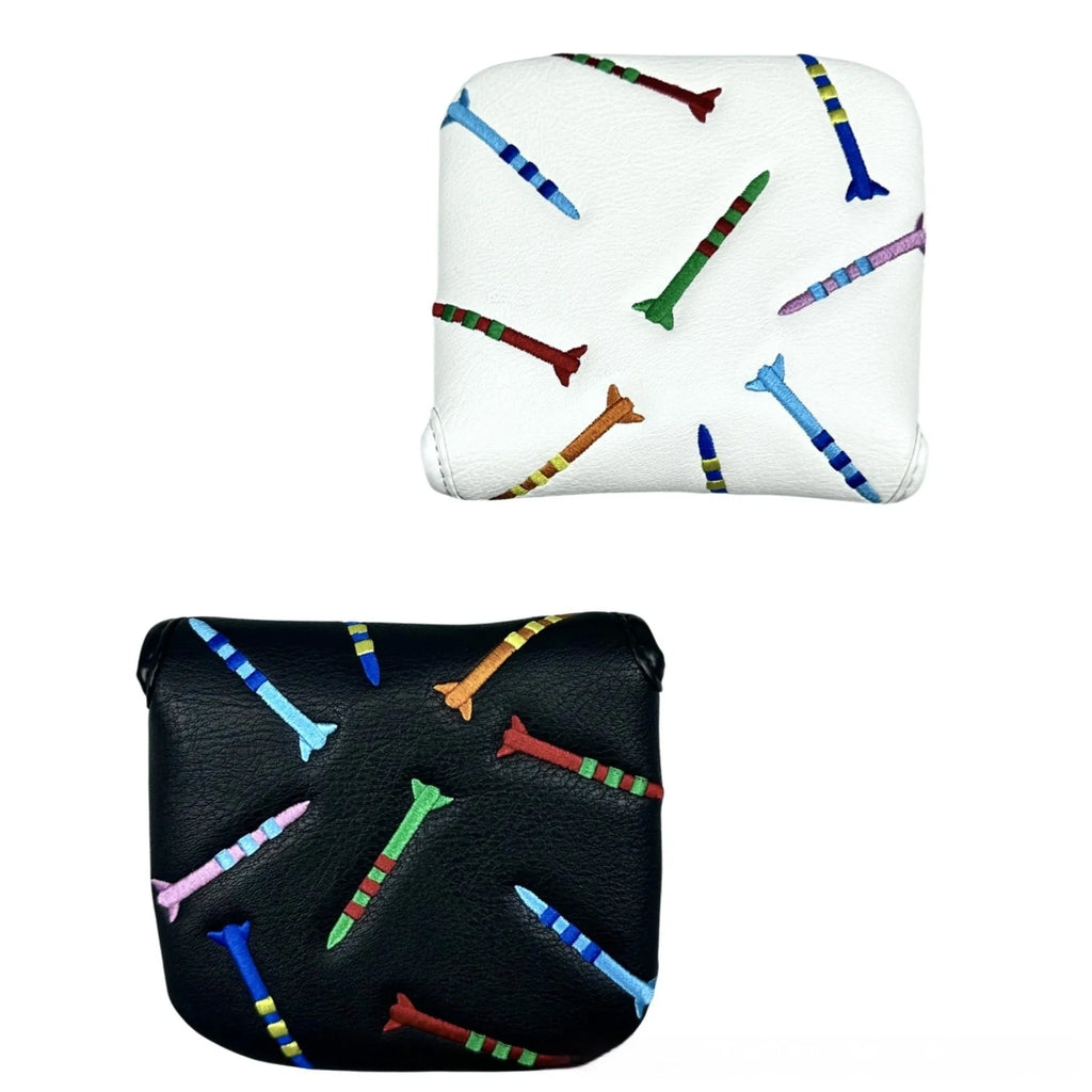 Square golf putter protective sleeve with rocket pattern in black or white PU leather
