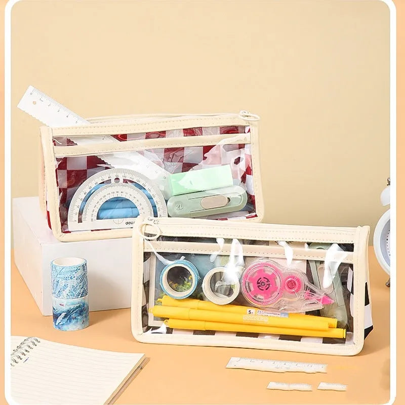 Transparent PVC pencil case with chessboard pattern measuring 21.5cm, shown in black and white grid design