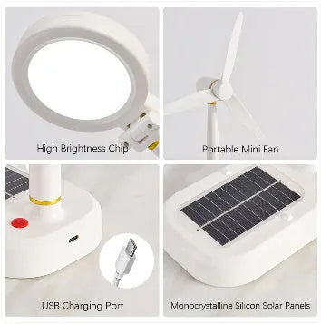 Ivory white solar-powered table fan with integrated LED study lamp on desk
