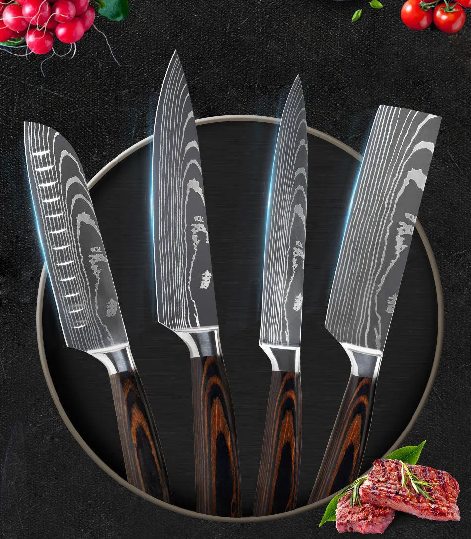 Chef knife set with 7CR17 steel blade, laser Damascus pattern, 18cm length, colour steel handle