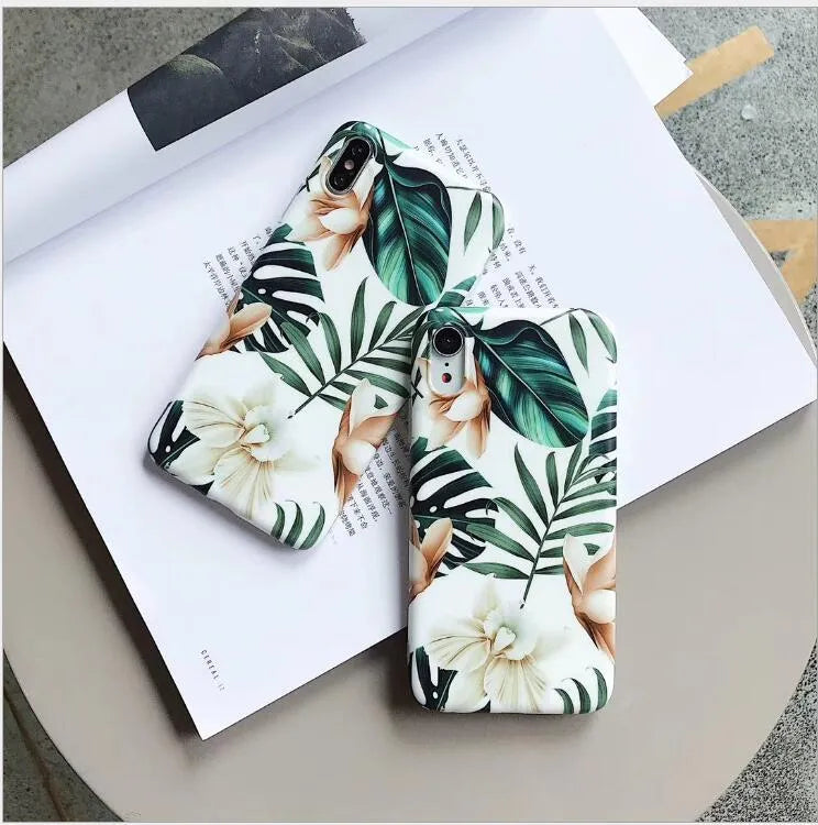 Retro soft floral TPU phone case with flower and banana leaf art for iPhone XR and XS Max