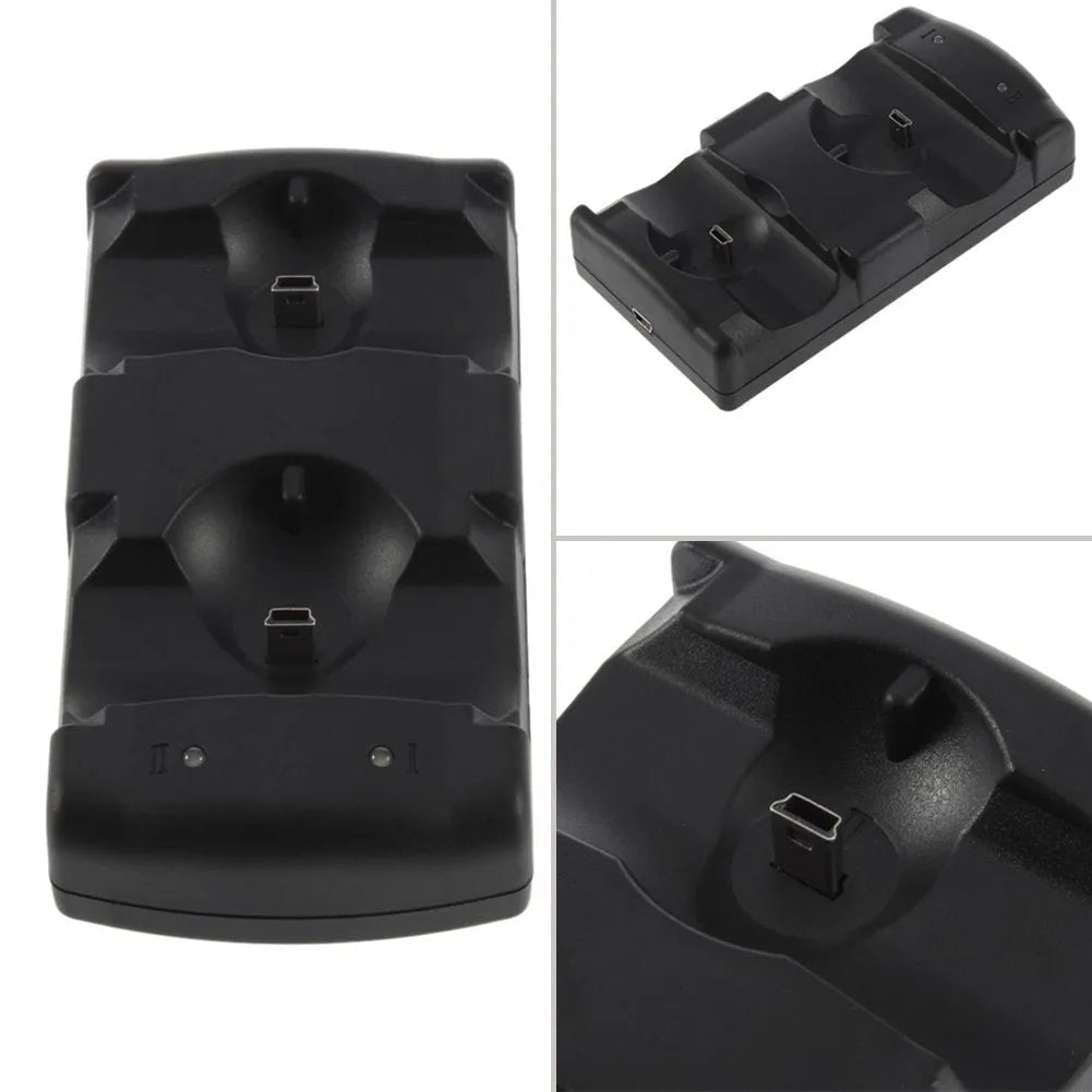 Black plastic dual USB charging dock for PlayStation 3 controllers and Move navigation controllers.