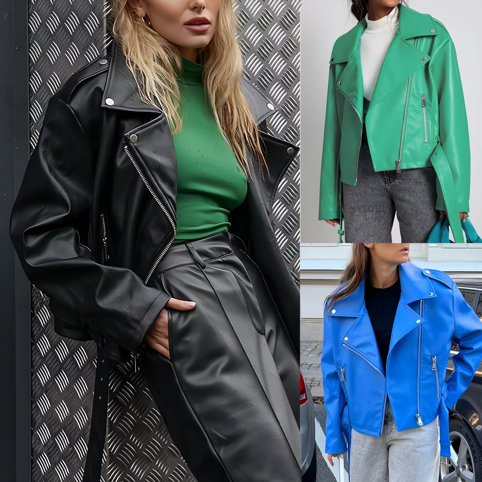 Punk style black leather jacket with Peter Pan collar, short belt, and drawstring waist.