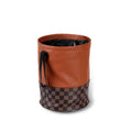 Leather retractable car trash can shown folded and unfolded, with waterproof construction and carrying handle