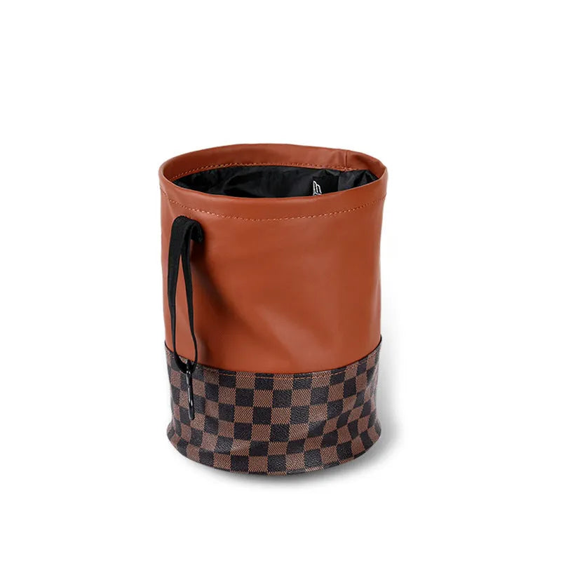Leather retractable car trash can shown folded and unfolded, with waterproof construction and carrying handle