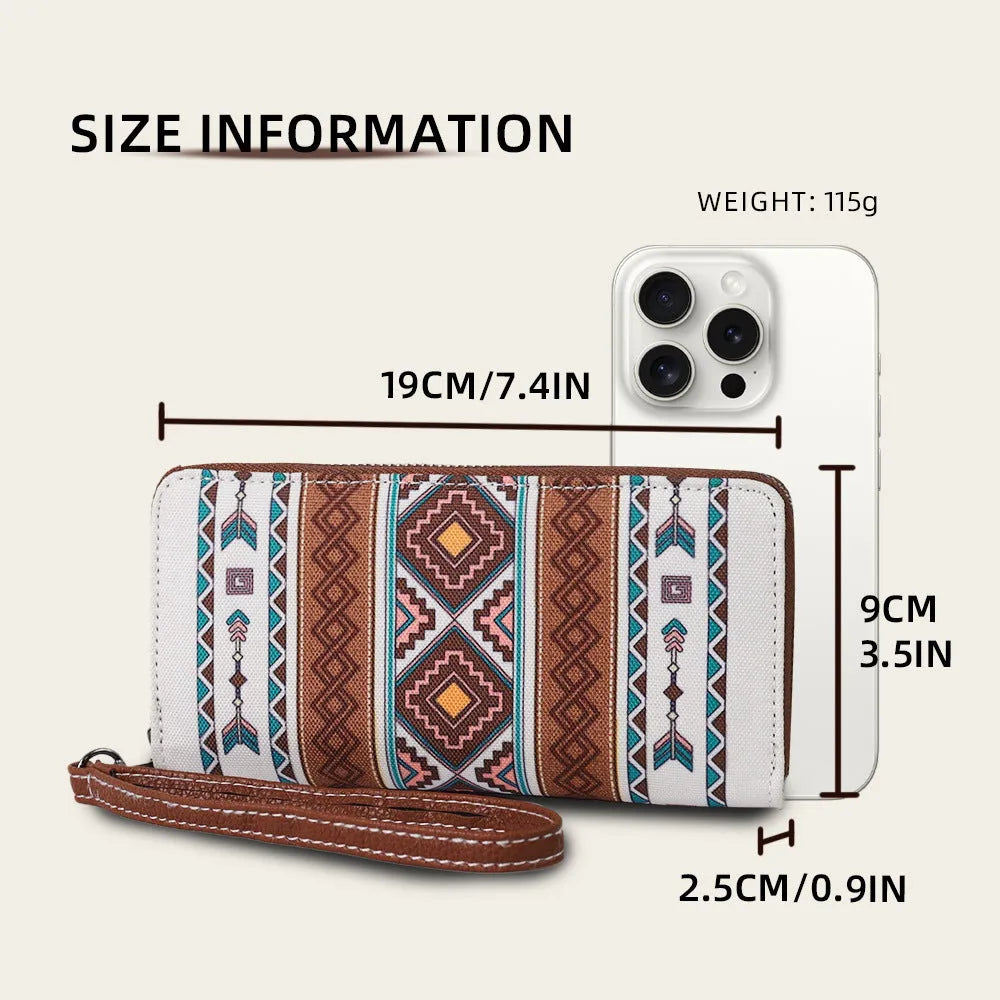 Bohemian striped canvas RFID wallet with wind belt closure showing beige colour option