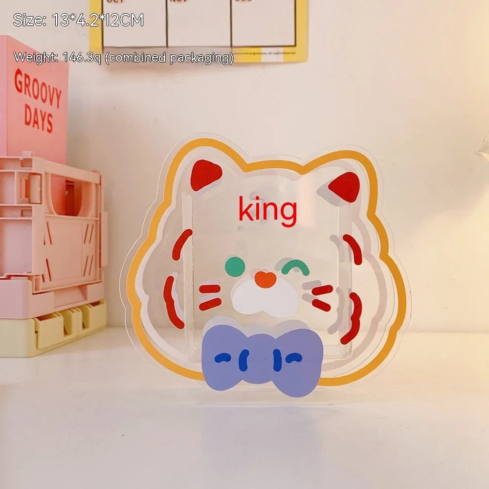 Square clear acrylic storage box with cute character print, showing six design options for desk organisation