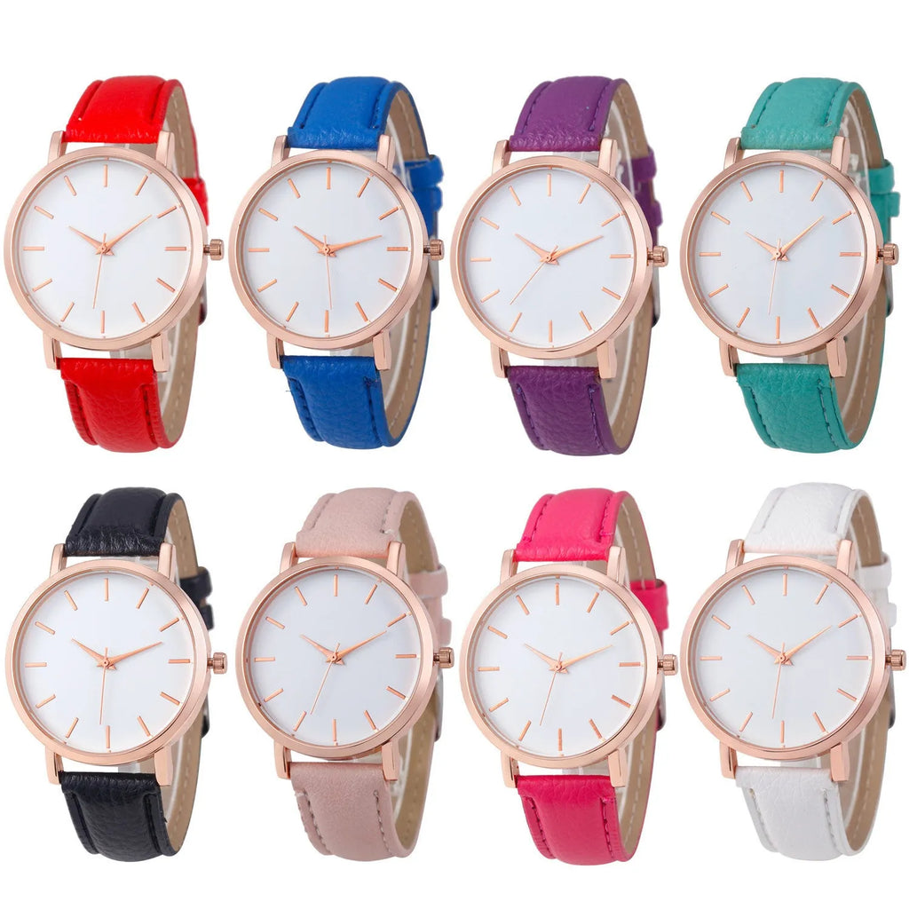 Square-faced quartz watch with a PU leather strap, shown in available colours on a wrist.