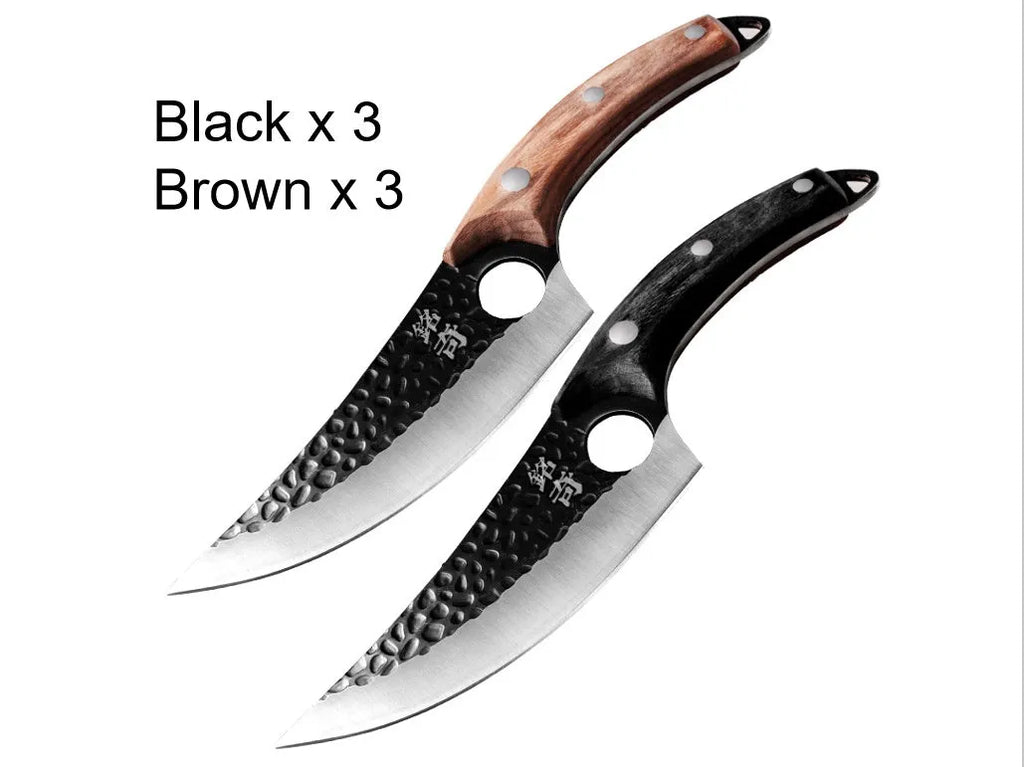 Slaughter cutting meat boning small scimitar knife with 5CrMoV15 high carbon steel hammer pattern blade and black handle, leather cover