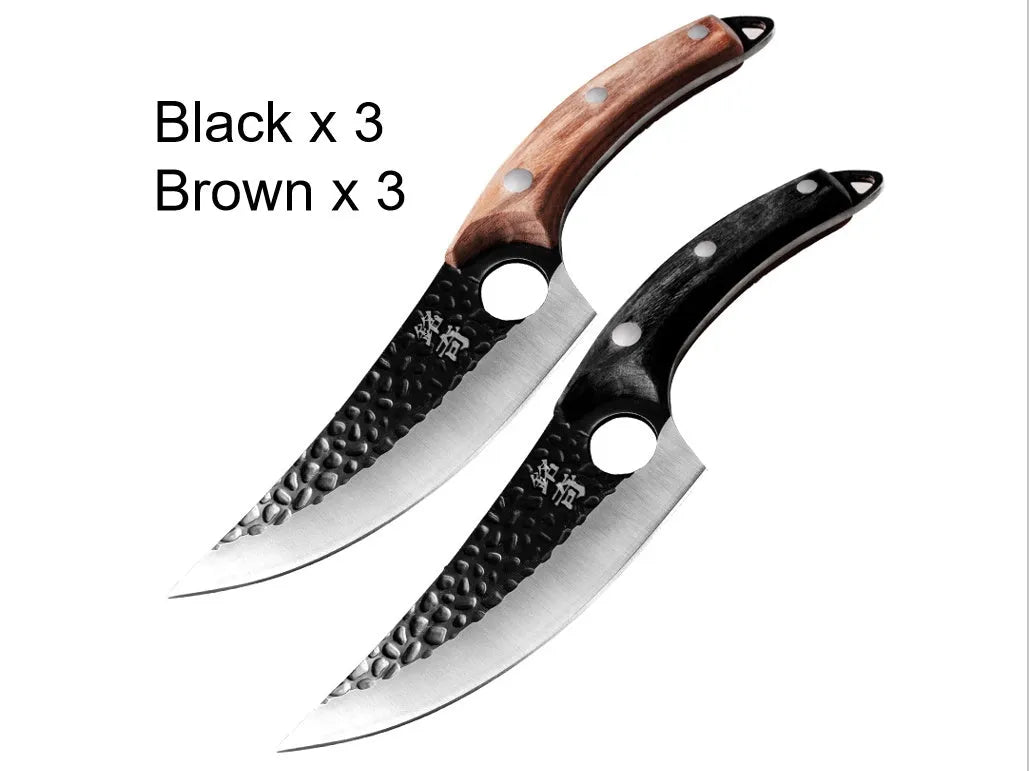 Slaughter cutting meat boning small scimitar knife with 5CrMoV15 high carbon steel hammer pattern blade and black handle, leather cover