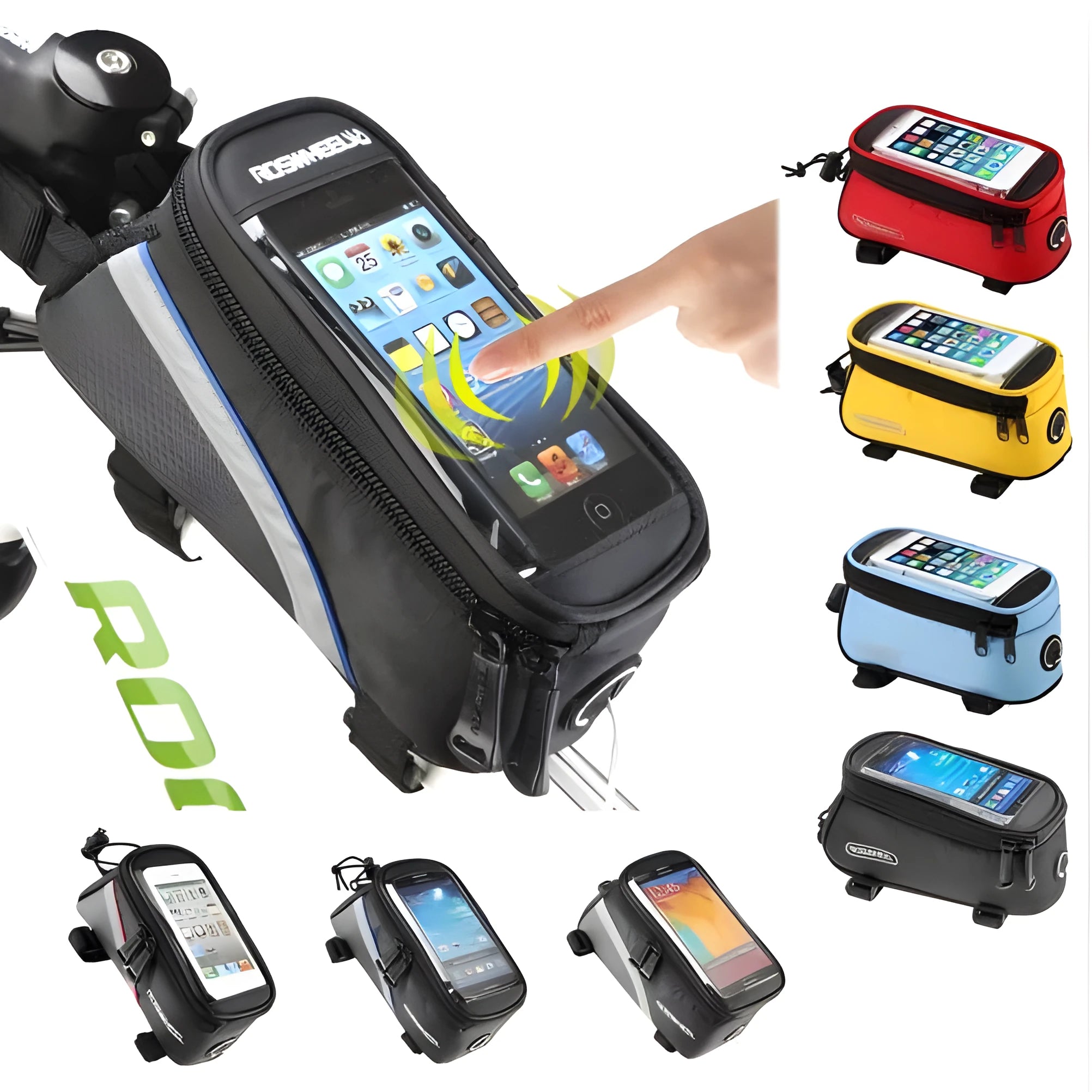 ROSWHEEL black bicycle frame bag mounted on a bike, holding a mobile phone.