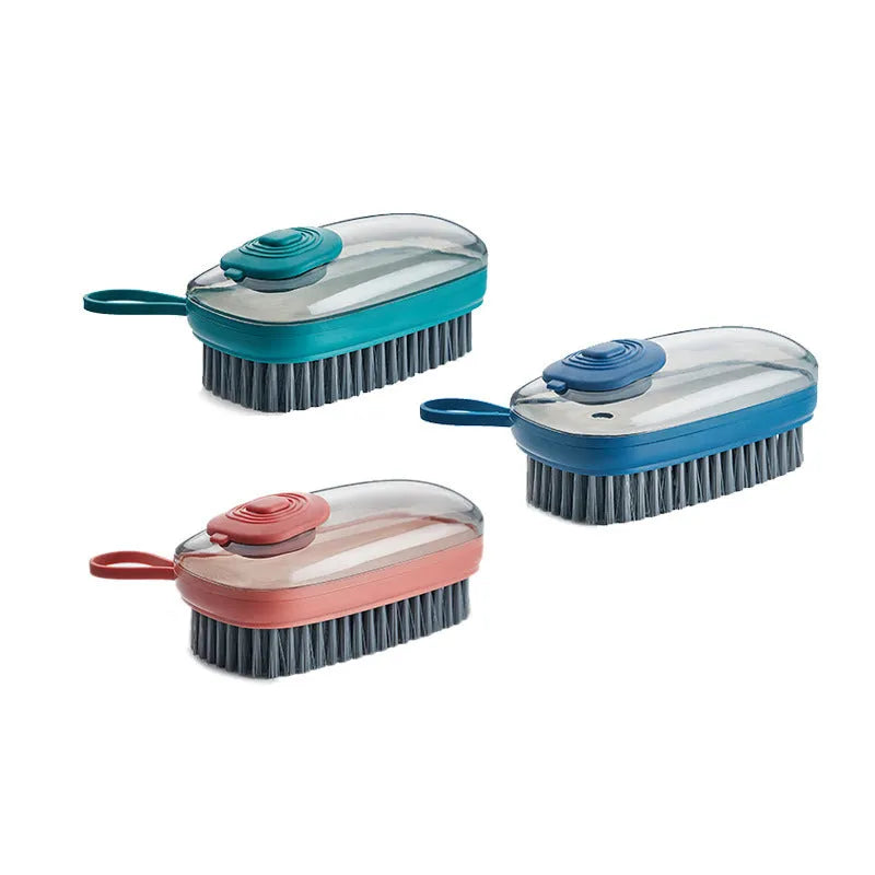 Multifunctional automatic liquid cleaning brush with ergonomic grip in blue showing built-in reservoir and soft bristles