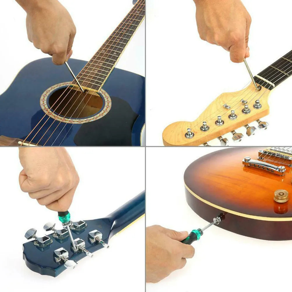 Black plastic guitar repair tool kit case open showing metal maintenance tools for guitar bass mandolin banjo