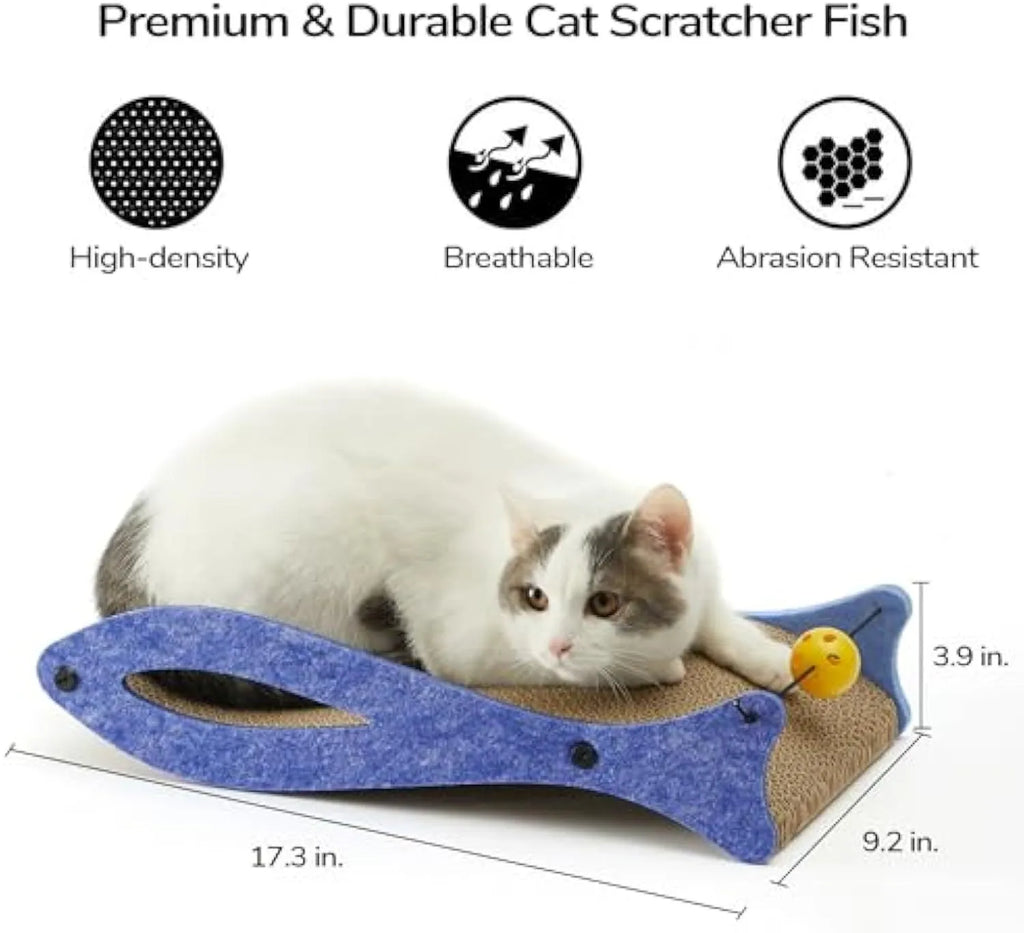 Blue fish-shaped cat scratcher with corrugated cardboard construction and hanging bell ball toy