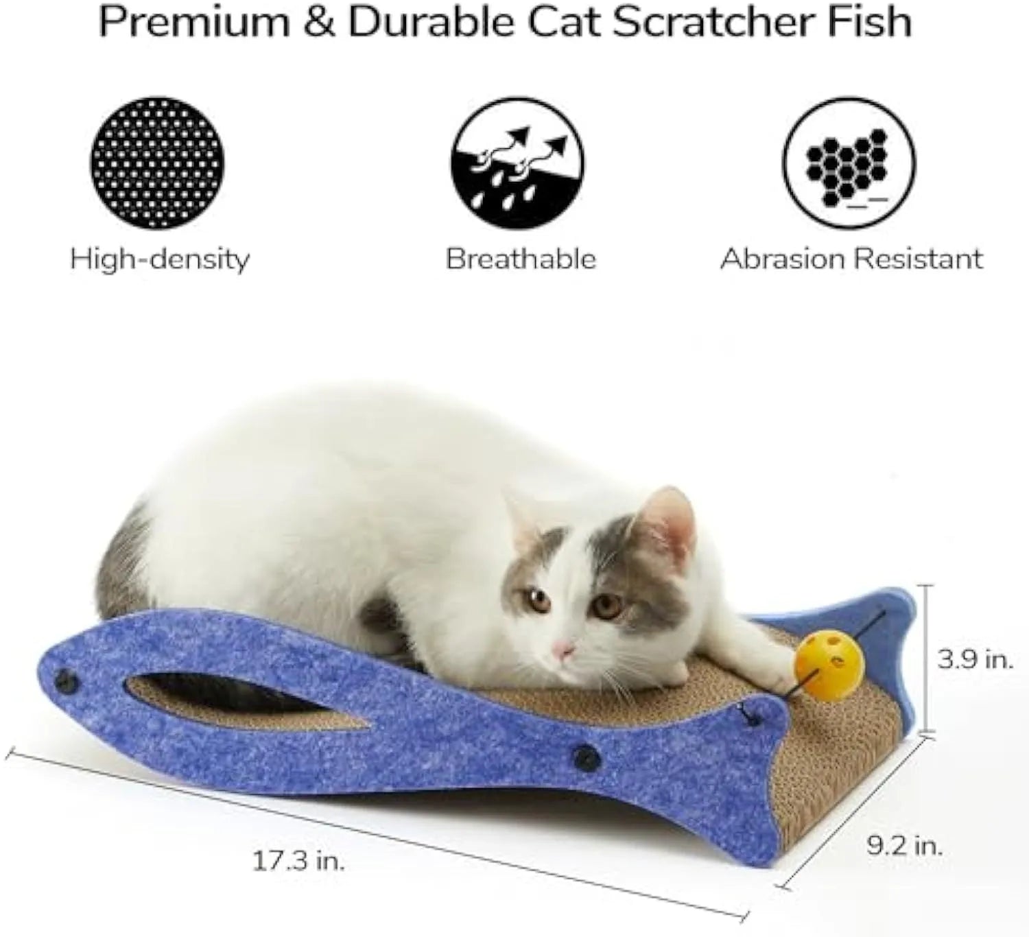 Blue fish-shaped cat scratcher with corrugated cardboard construction and hanging bell ball toy