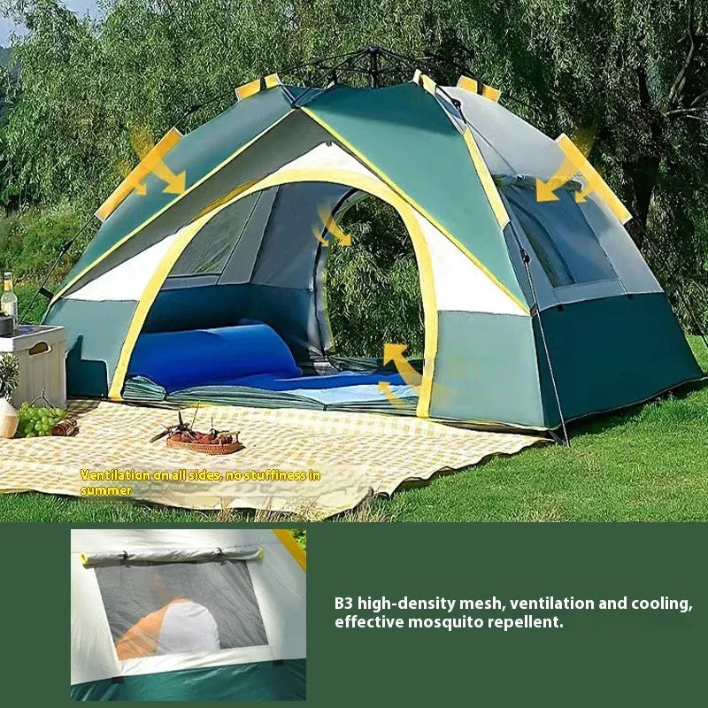 Dark green automatic pop-up camping tent for 3-4 people with quick open mechanism