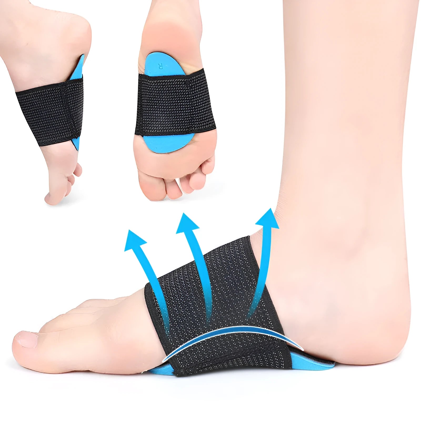 Blue elastic bandage foot pad for flat foot arch support, suitable for adults and children