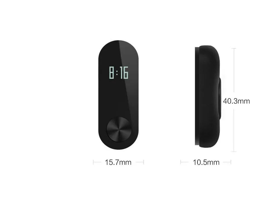 Xiaomi Mi Band 2 black fitness tracker with OLED screen on an adjustable thermoplastic elastomer wrist strap.