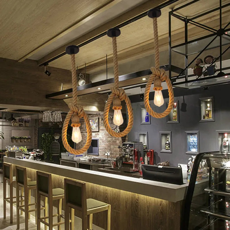 Hemp rope chandelier with grass vine body, single head, retro industrial style for bar restaurant loft