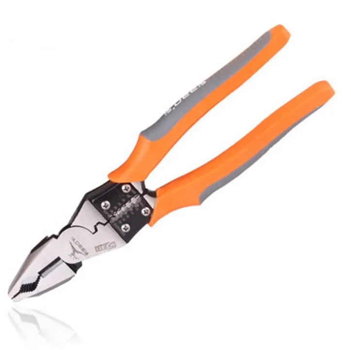 Orange 9-inch multi-function wire cutter pliers with chrome steel head and textured PVC handles.