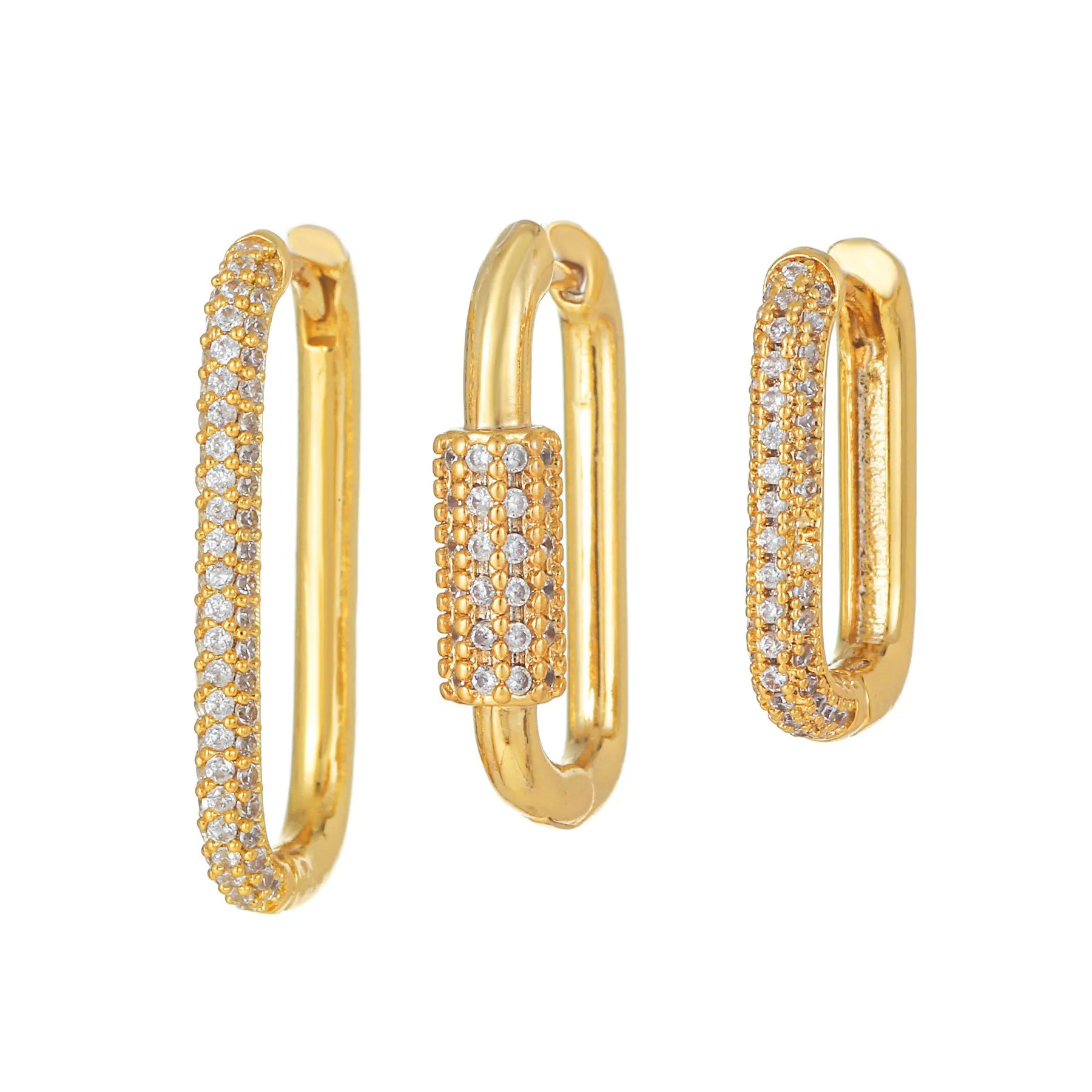 Three geometric ear clips with micro inlaid zircon detailing on copper in gold and white colours