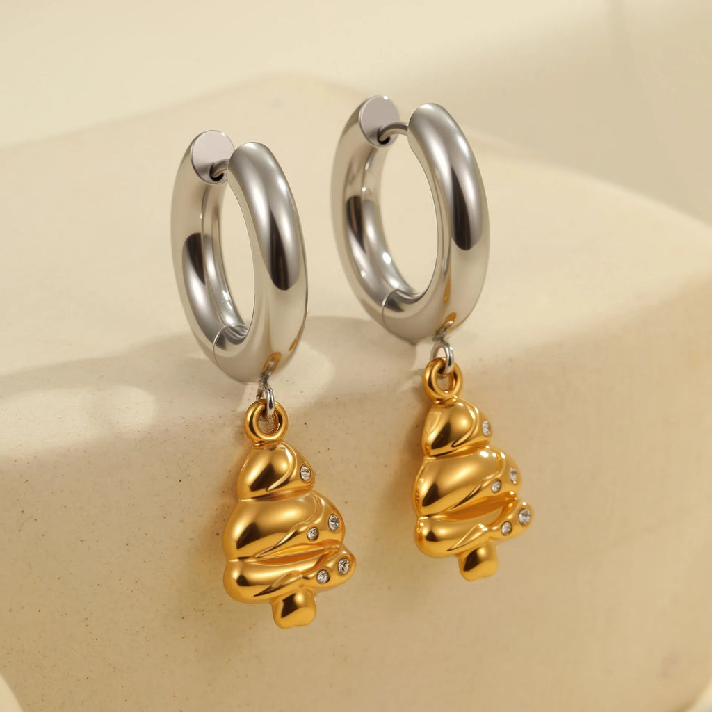 Women's stainless steel drop earrings with 18K gold electroplating in Christmas tree and heart shapes.
