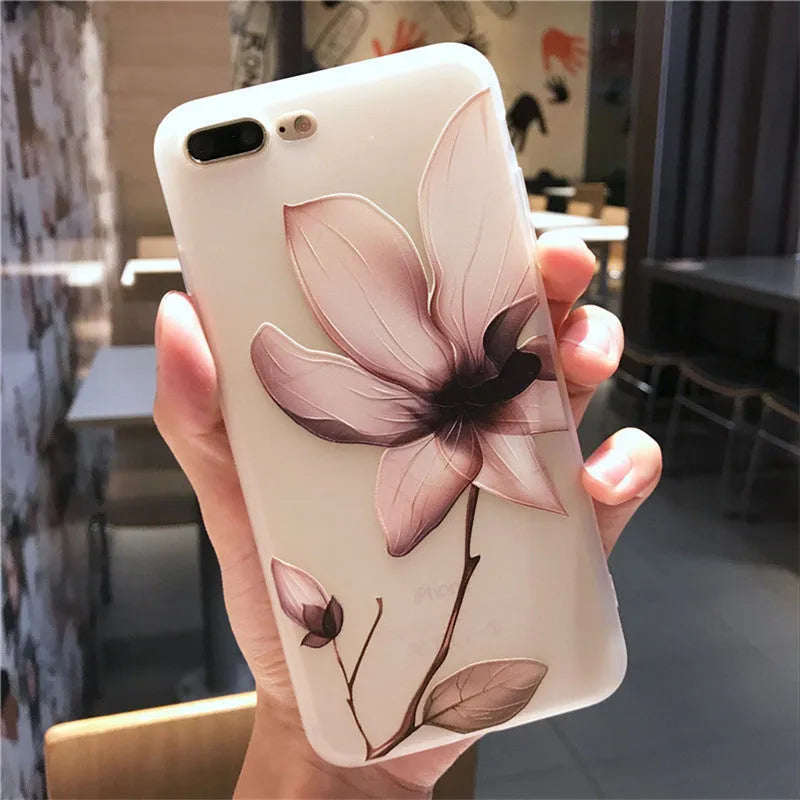 Embossed TPU phone case for iPhone with floral pattern on black back cover