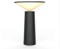 Black or white USB rechargeable LED desk lamp with touch sensor and adjustable head on a desk.