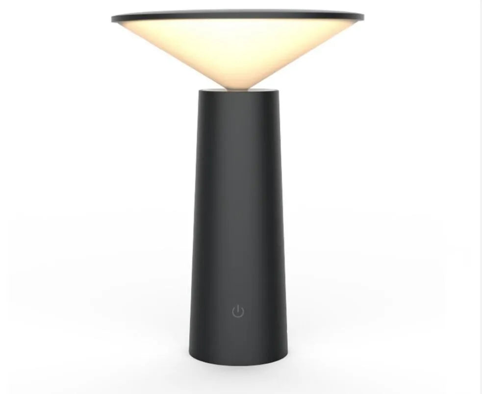 Black or white USB rechargeable LED desk lamp with touch sensor and adjustable head on a desk.