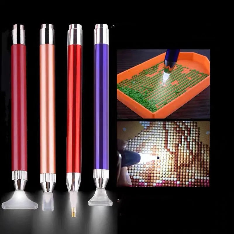 Luminous diamond painting drill pen in aluminium alloy, single-head, blue colour, with a simple metal frame.