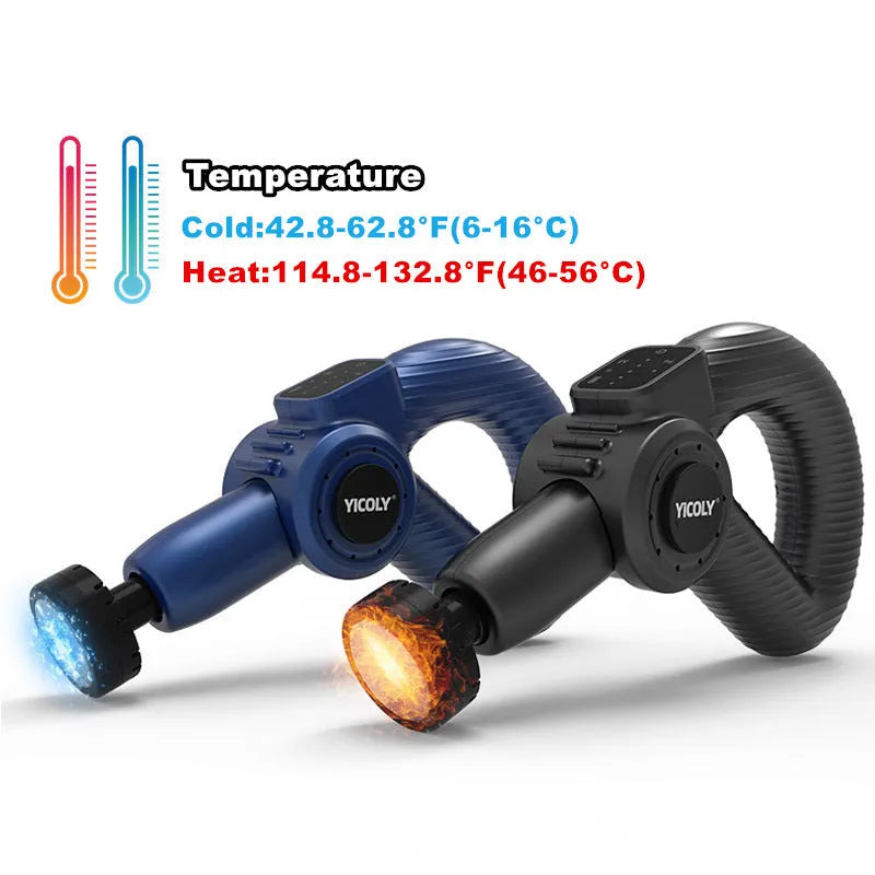 Black smart muscle massage gun with five different coloured massage heads on a table