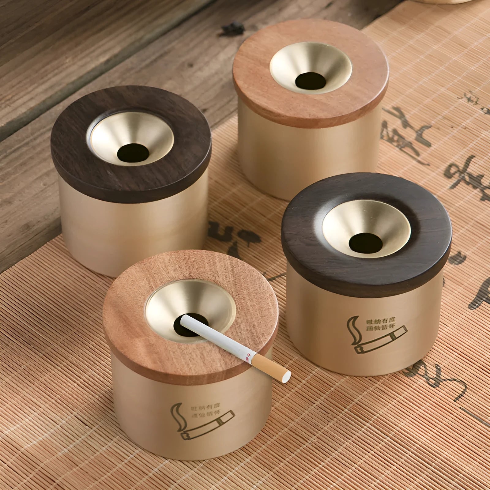 Retro brass and copper ashtray with wooden lid on a living room table.