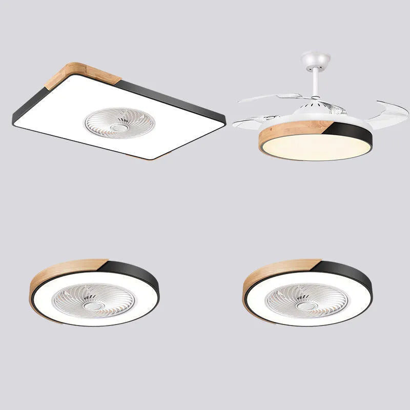 Nordic style ceiling fan with integrated light in a solid wood rectangular, round, or square frame.