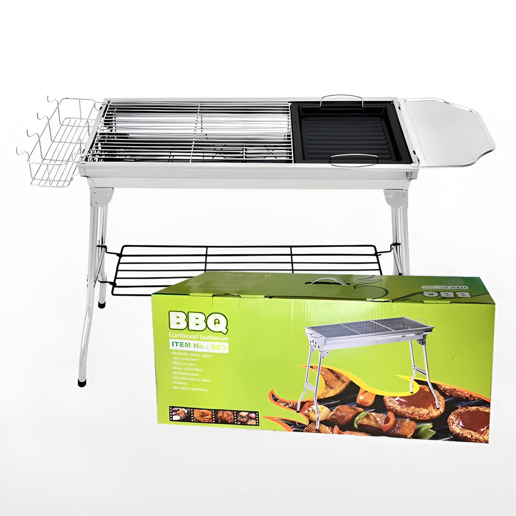 Stainless steel portable folding barbecue oven for outdoor cooking.