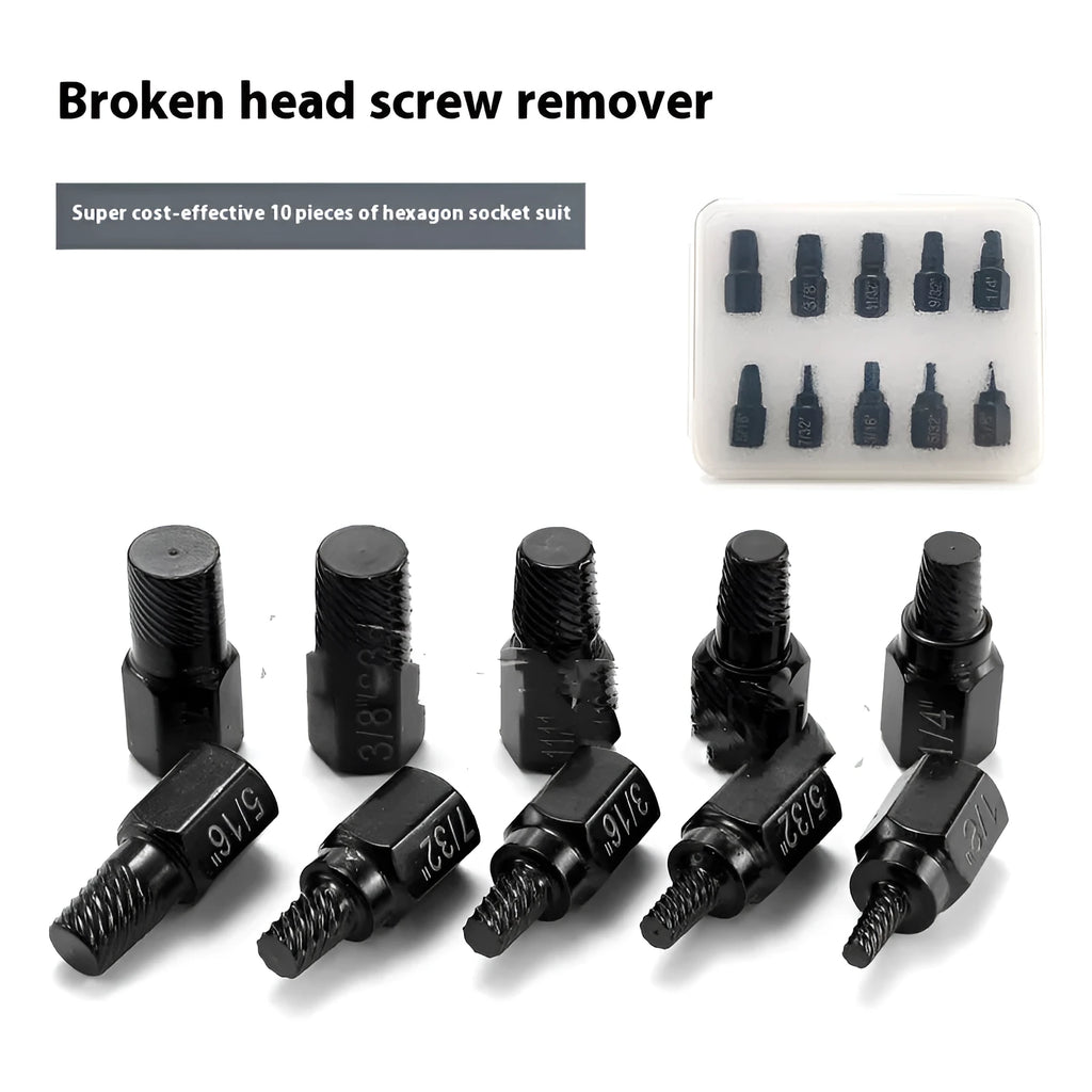 10-piece metal screw extractor set for removing broken studs, no plastic box