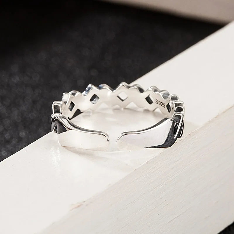 925 silver winding braided adjustable hip hop ring with geometric design silver colour