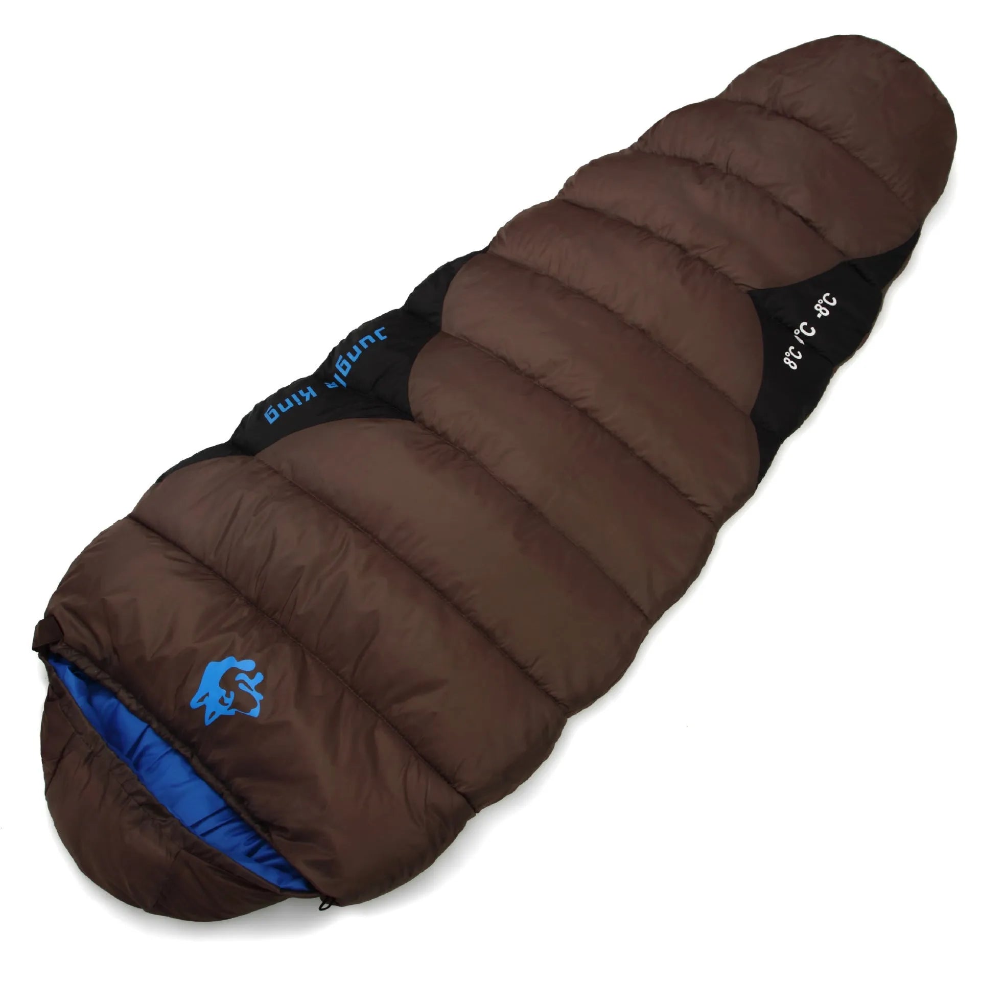 Army green cotton sleeping bag with compression sack for camping, shown with dimensions 230cm by 80cm.