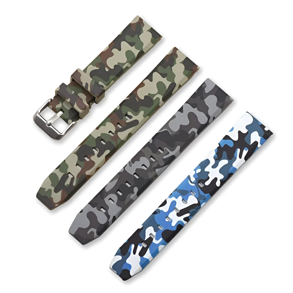 Green camouflage silicone watch strap with flat head, showing 20mm width.