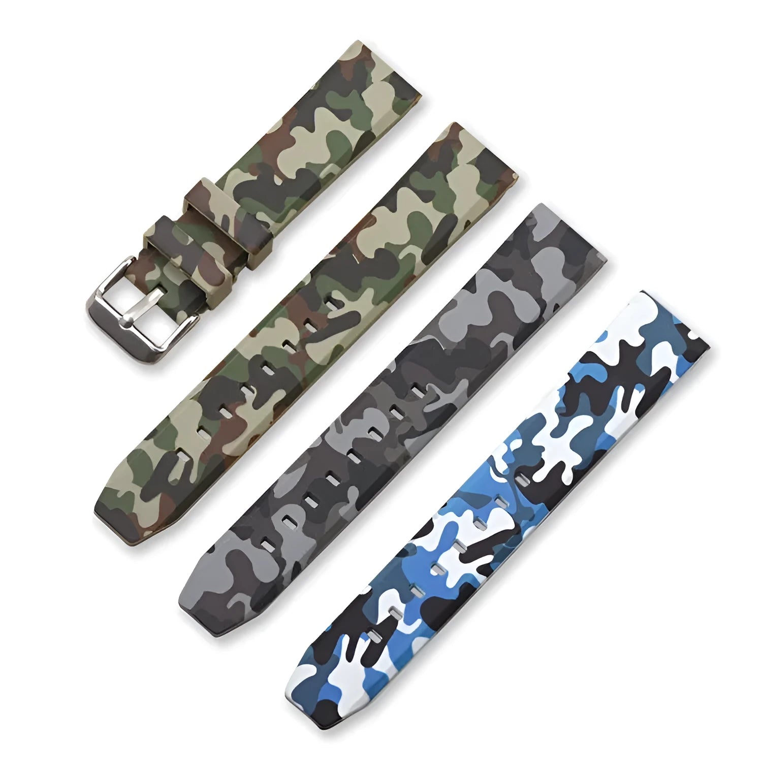 Green camouflage silicone watch strap with flat head, showing 20mm width.