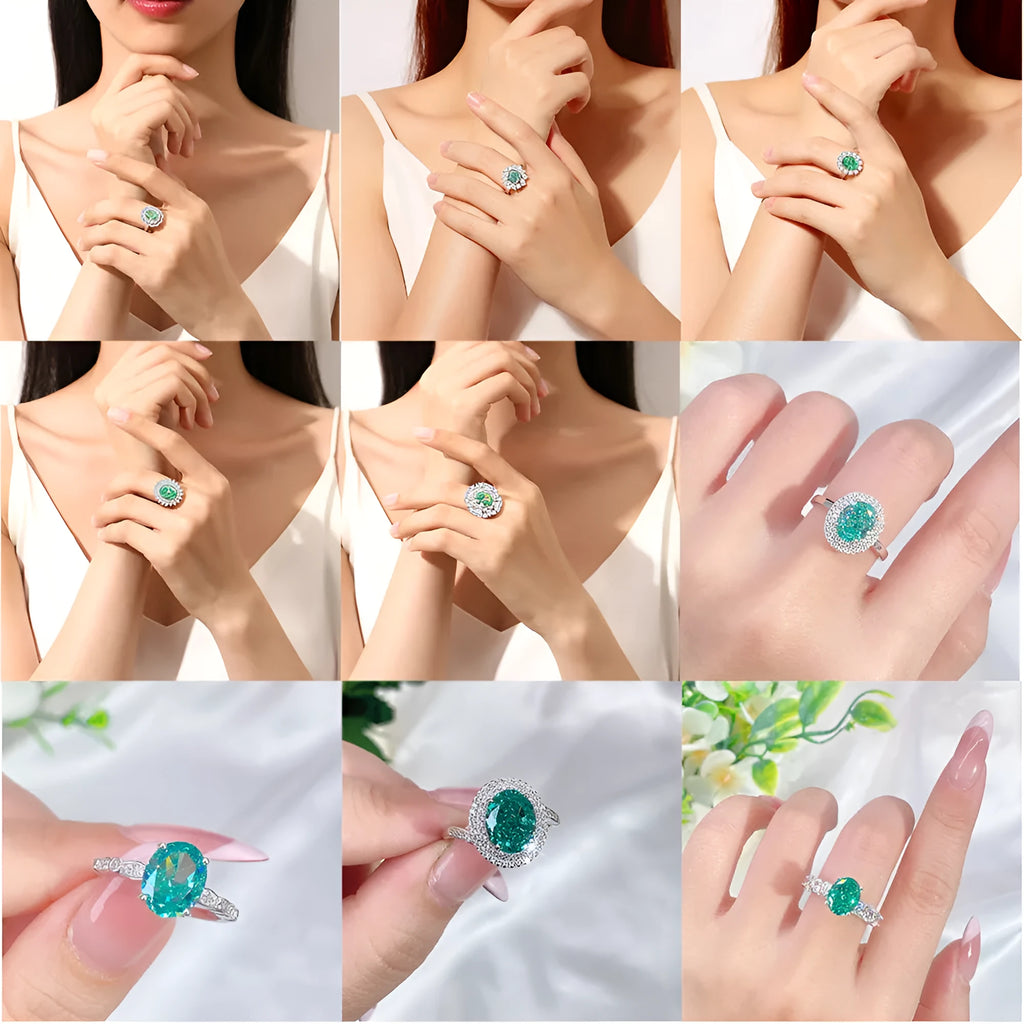 Sterling silver emerald ring with geometric design featuring Palaibahao inlay and high carbon diamond accents